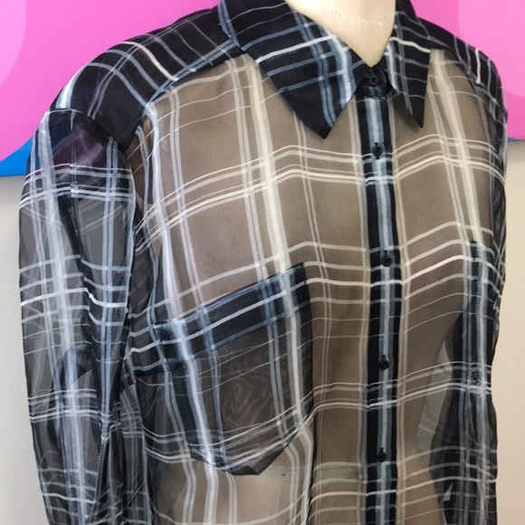 Elizabeth & James Black White Plaid Silk Top NWT - Picture 2 of 8